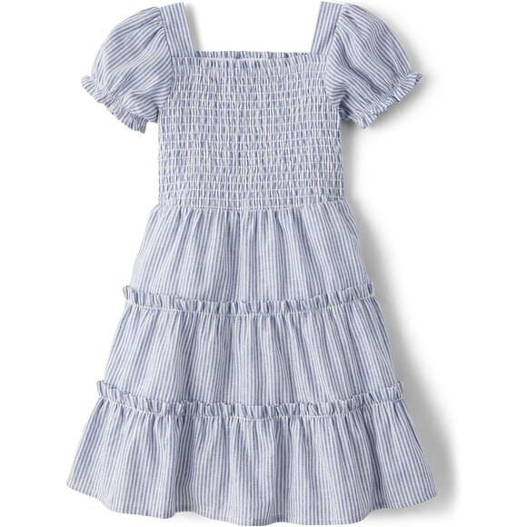 Gymboree Striped Linen-Blend Tiered Blue Puff Sleeve Smocked Dress NEW~NWT!! - Picture 1 of 12